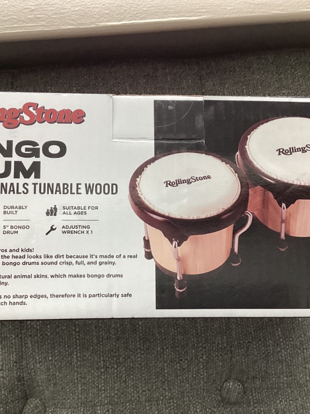 Rolling Stone Beginners Bongo Drum Set Tunable Wood 2 Diff Size Drums W/ Wrench - Picture 6 of 9